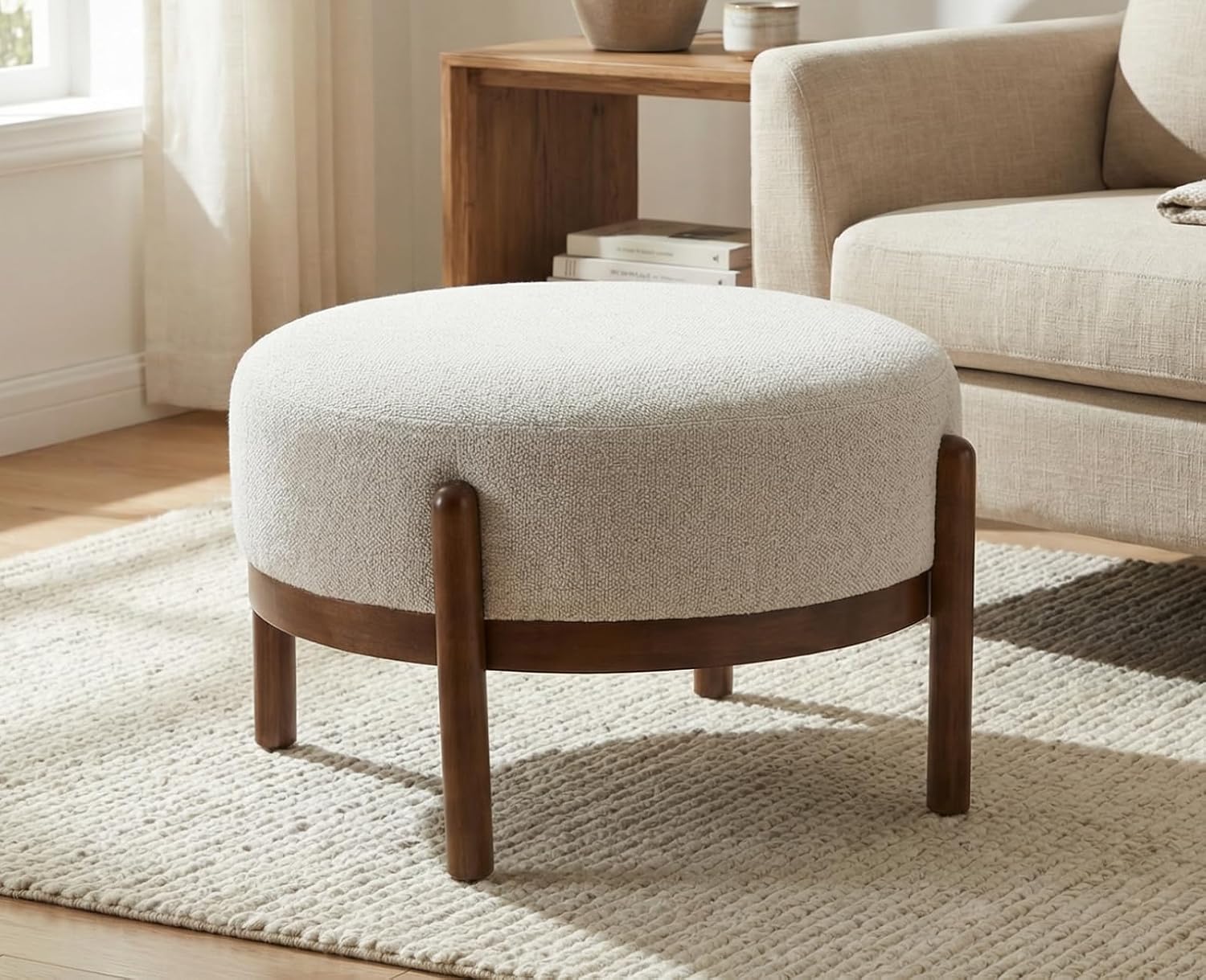 Outdoor Furniture Wood - シェルパ生地のオットマンベンチ、木製脚付き、リビングルームや寝室用シングルシート、カスタマイズ可能