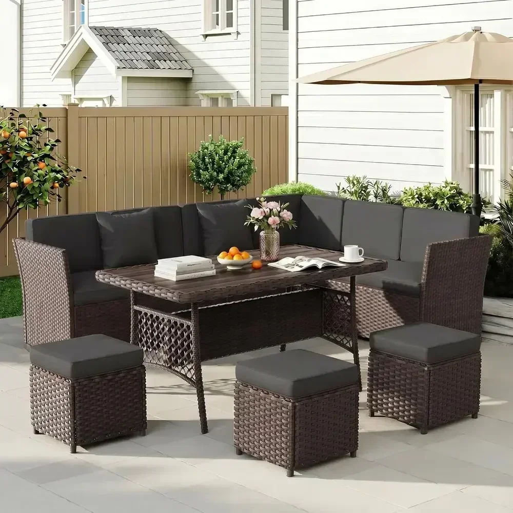 Outdoor Furniture Metal Chairs - グレーとブラウンの7点セットの屋外用ウィッカー製パティオ家具セット。ダイニングテーブル、椅子、オットマンが含まれます。