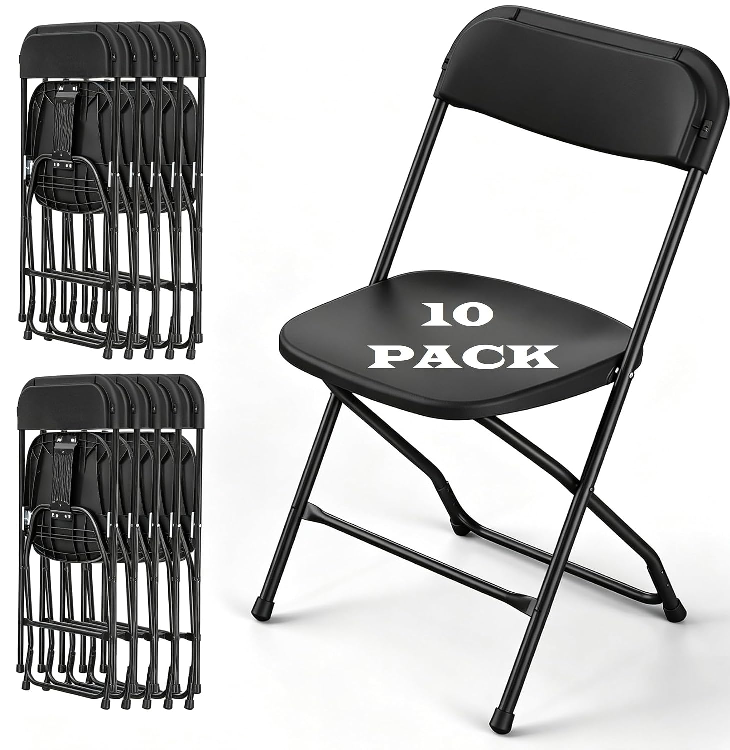 Outdoor Furniture Metal Chairs - 黒の折りたたみ椅子、金属フレーム、頑丈、積み重ね可能、ポータブル、家庭、結婚式、パーティー、オフィス、イベント用、耐荷重351ポンド、10脚セット、カスタマイズ可能