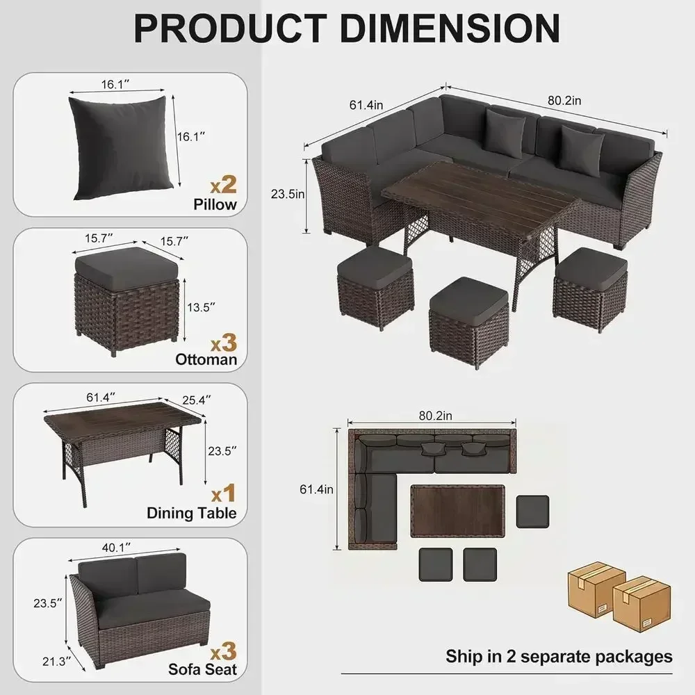 グレーとブラウンの7点セットの屋外用ウィッカー製パティオ家具 - Outdoor Furniture Metal Chairs のレビューと価格
