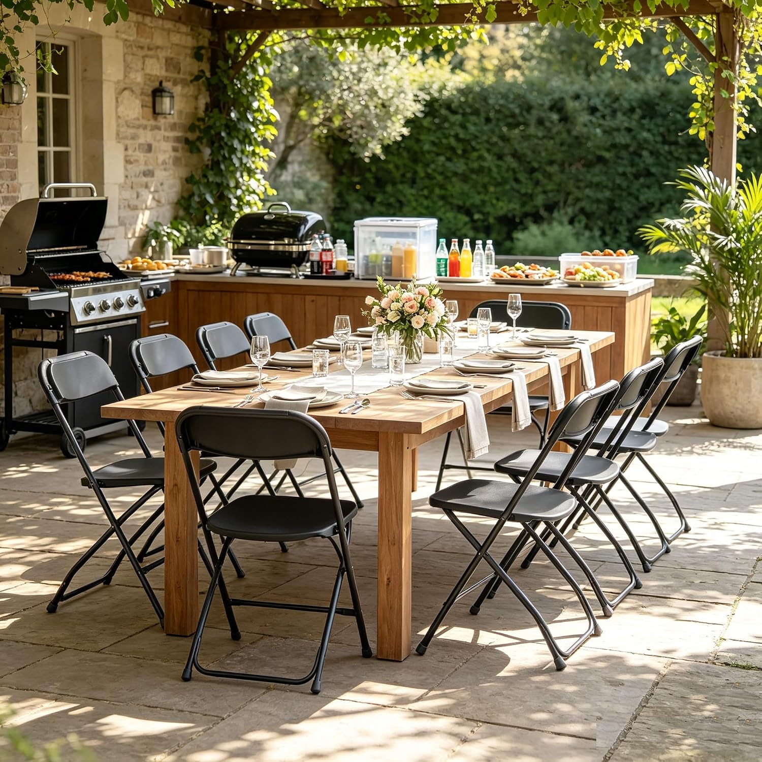 黒の折りたたみ椅子、金属フレーム、頑丈、積み重ね可能、ポータ - Outdoor Furniture Metal Chairs のレビューと価格