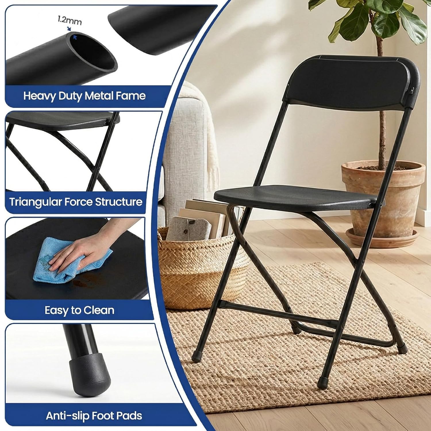 黒の折りたたみ椅子、金属フレーム、頑丈、積み重ね可能、ポータ - Outdoor Furniture Metal Chairs のレビューと価格