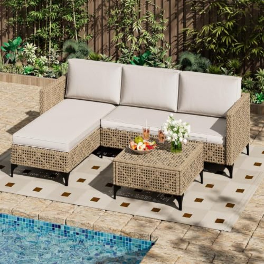 屋外パティオ家具セット：クッションとコーヒーテーブル付き籐製 - Outdoor Furniture Luxury のレビューと価格