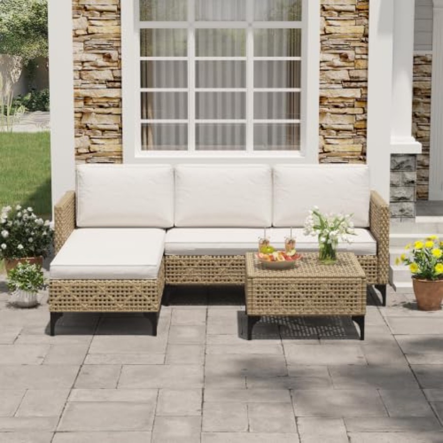 屋外パティオ家具セット：クッションとコーヒーテーブル付き籐製 - Outdoor Furniture Luxury のレビューと価格